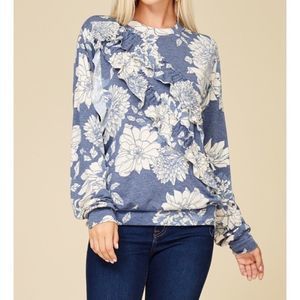 NEW Annabelle Blue and Ivory Floral Print Lightweight Ruffle Top